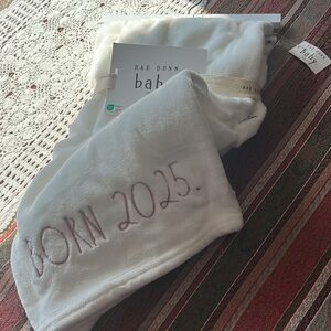 Rae Dunn Baby Blanket - White with Pink Embroidery